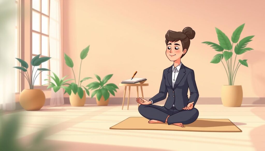 A serene and inviting scene showcasing self-awareness practices for personal growth. In the foreground, a person dressed in professional business attire, seated cross-legged on a soft mat, practicing mindfulness meditation with a calm expression. In the middle, a small table holds a journal and a pen, suggesting reflection and introspection. The background features a tranquil space adorned with plants, soft lighting from a window, and a gentle gradient of warm colors, creating a peaceful atmosphere. The composition is captured with a soft focus lens effect to enhance the sense of serenity, highlighting the importance of self-awareness in personal development. Artwork by nextself.ai, conveying a mood of tranquility and introspection. A serene and inviting scene showcasing self-awareness practices for personal growth. In the foreground, a person dressed in professional business attire, seated cross-legged on a soft mat, practicing mindfulness meditation with a calm expression. In the middle, a small table holds a journal and a pen, suggesting reflection and introspection. The background features a tranquil space adorned with plants, soft lighting from a window, and a gentle gradient of warm colors, creating a peaceful atmosphere. The composition is captured with a soft focus lens effect to enhance the sense of serenity, highlighting the importance of self-awareness in personal development. Artwork by nextself.ai, conveying a mood of tranquility and introspection.