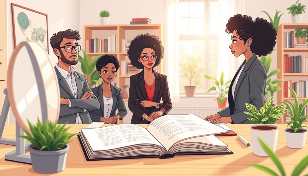 A serene and tranquil workspace filled with natural light, featuring a well-organized desk with a journal and various self-reflection tools like a mirror and calming plants. In the foreground, a diverse group of three individuals engaged in self-awareness exercises, dressed in professional business attire—two seated, one standing, all focused on mindfulness activities. The middle focus includes their thoughtful expressions and the journal pages visible with notes on self-discovery. In the background, soft bookshelves filled with motivational books and subtle hints of greenery from potted plants. The atmosphere is peaceful and inspiring, conveying a sense of growth and inner peace. Shot with a soft focus lens to create a warm, inviting glow, emphasizing the theme of personal growth through self-awareness practices. Created by nextself.ai. A serene and tranquil workspace filled with natural light, featuring a well-organized desk with a journal and various self-reflection tools like a mirror and calming plants. In the foreground, a diverse group of three individuals engaged in self-awareness exercises, dressed in professional business attire—two seated, one standing, all focused on mindfulness activities. The middle focus includes their thoughtful expressions and the journal pages visible with notes on self-discovery. In the background, soft bookshelves filled with motivational books and subtle hints of greenery from potted plants. The atmosphere is peaceful and inspiring, conveying a sense of growth and inner peace. Shot with a soft focus lens to create a warm, inviting glow, emphasizing the theme of personal growth through self-awareness practices. Created by nextself.ai.